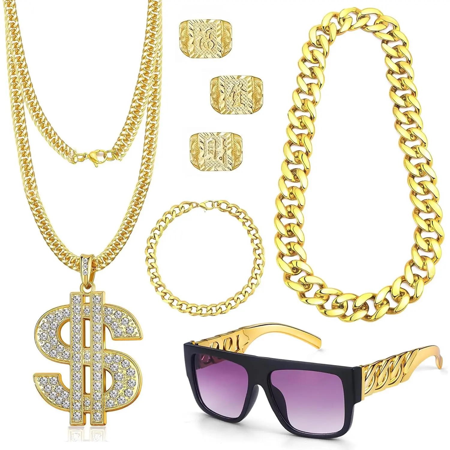 7Pcs 80s 90s Hip Hop Rapper Costume Accessories Set for Men Women, Faux Gold Chain Dollar Sign Necklace, Bracelet, Rings and Sunglasses