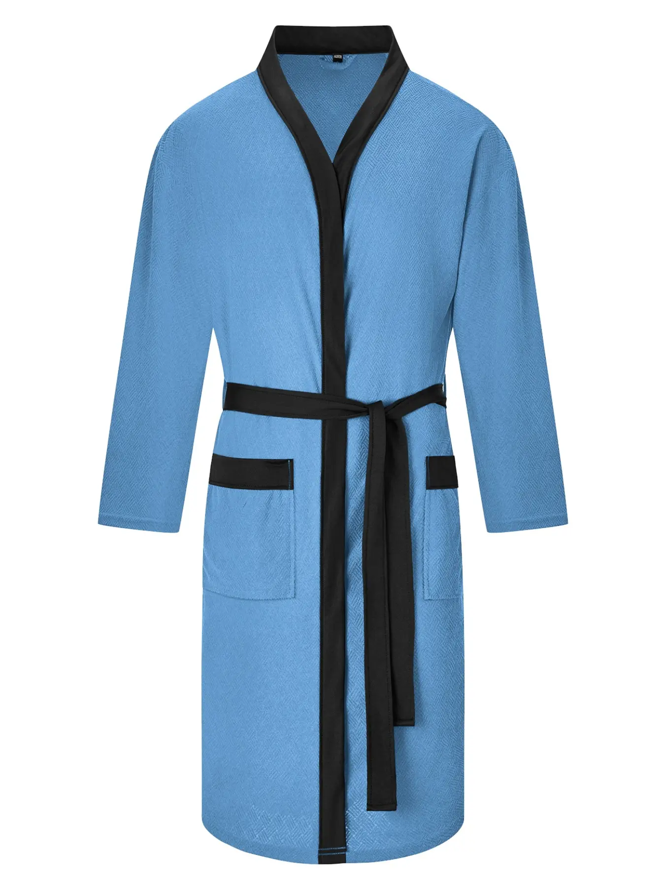 Best-selling men's wrap bathrobe, Knitted black fringed herringbone jacquard and calf-length pajamas, lace-up soft pajamas, black contrast-stitched lace-up mid-length pajamas with pockets, comfortable home wear, suitable for home bathing, SPA hotel