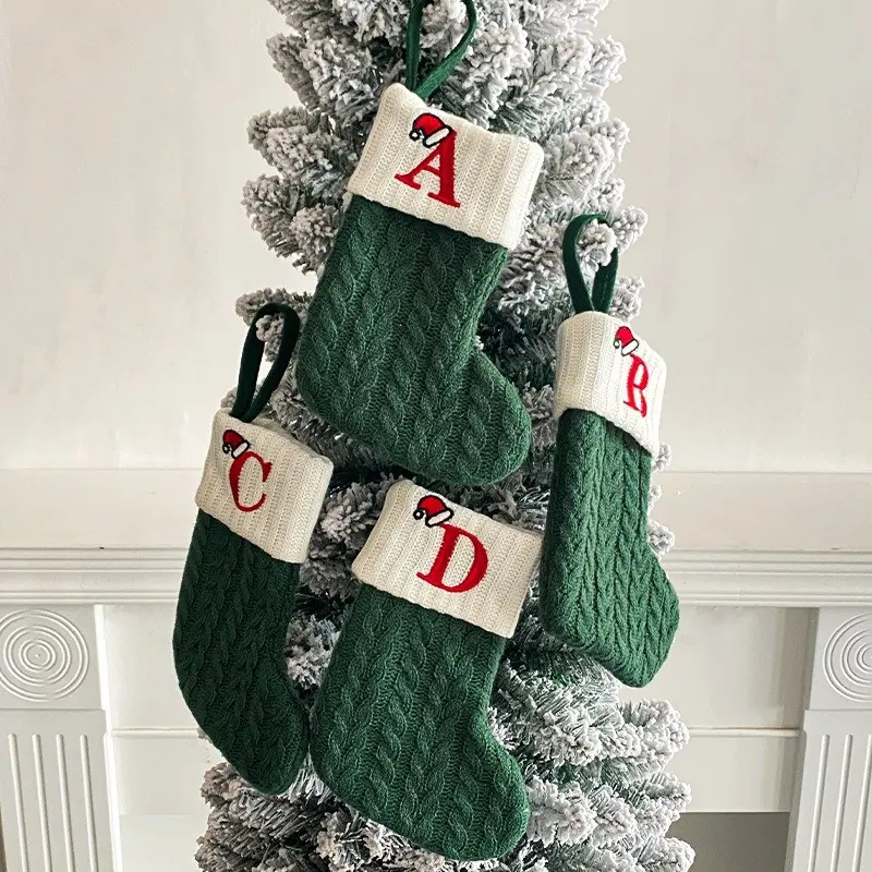 Christmas Decoration Knit Sock, Embroidered Letter Child Candy Gift Bag, Christmas Sock Ornament, Party Holiday Decorations