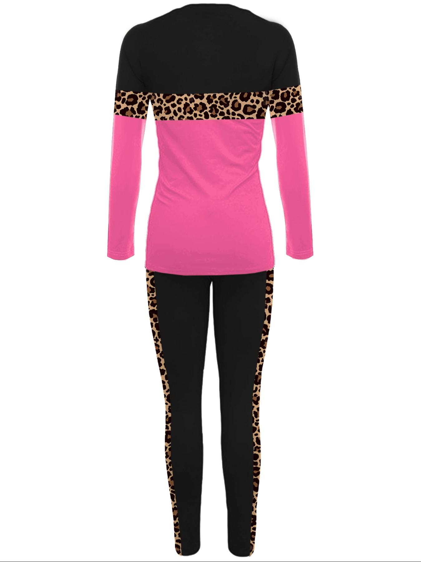 2 Piece Women's Long Sleeve Top & Pants Set for Winter, Leopard Patchwork Home Party Leisure Wear