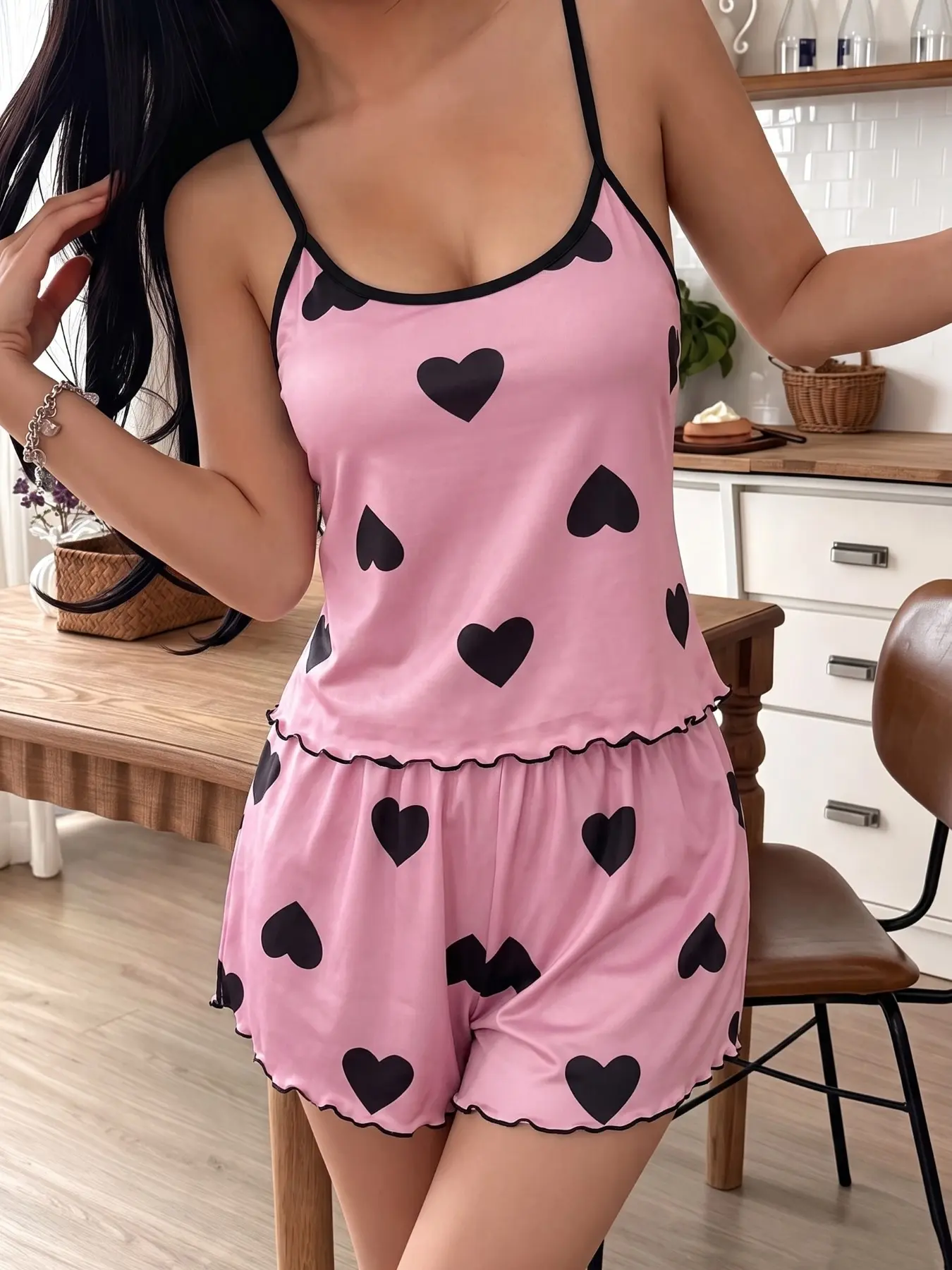 Sexy Women's Pajama Set, Tank Top and Loose Shorts, Sweet Heart Print, All Seasons, Casual Home Wear, Nightwear