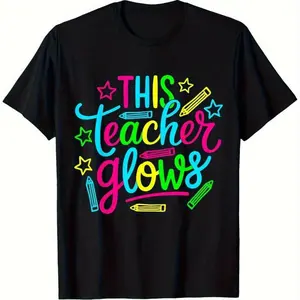 Glow-in-the-Dark Neon Teacher T-Shirt - 80s 90s Retro Glow Up Party Outfit, Glowable for all-Season, Loose Fit Round Neck Tee for Men & Women (S-XXL), Themed Events & Parties - Nostalgic Glowtooth suitable for teachers