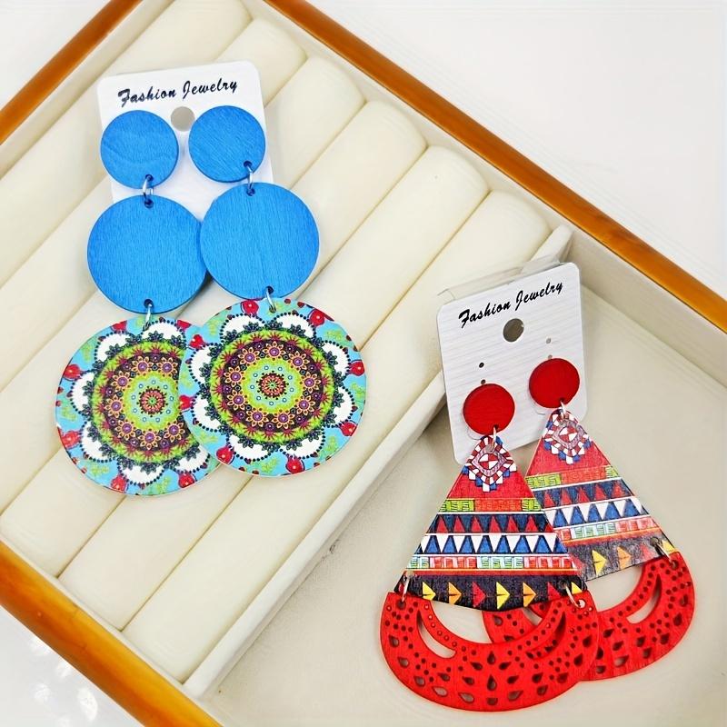 10/20 pairs/pack Women's Bohemian Style Wooden Earrings, Fashionable Mixed Styles and Sizes Ethnic Circle Earring Set Wholesale