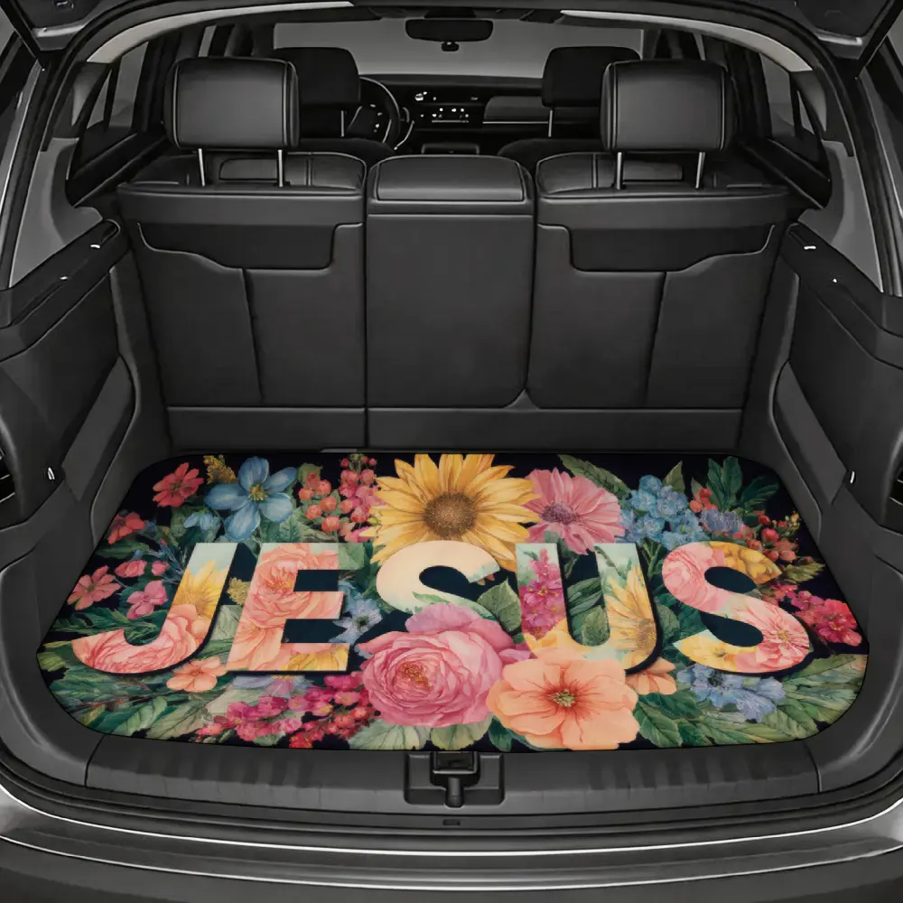 Christian Floral, Car Trunk Mat, Jesus Lettering With Sunflower And Rose Pattern, Non-Slip Rubber Backing, Faith Based Auto Interior Protection, 1 Piece