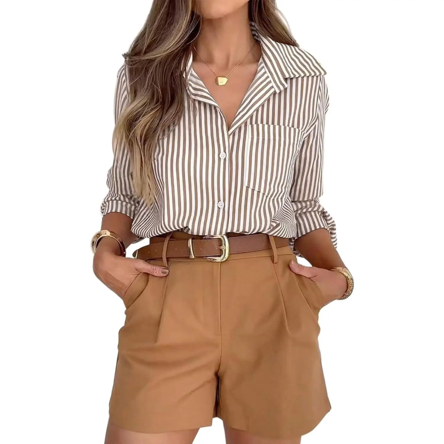 Striped Button Down Shirts for Women Dress Shirts Long Sleeve Casual Collared Office Work Shirt with Pocket