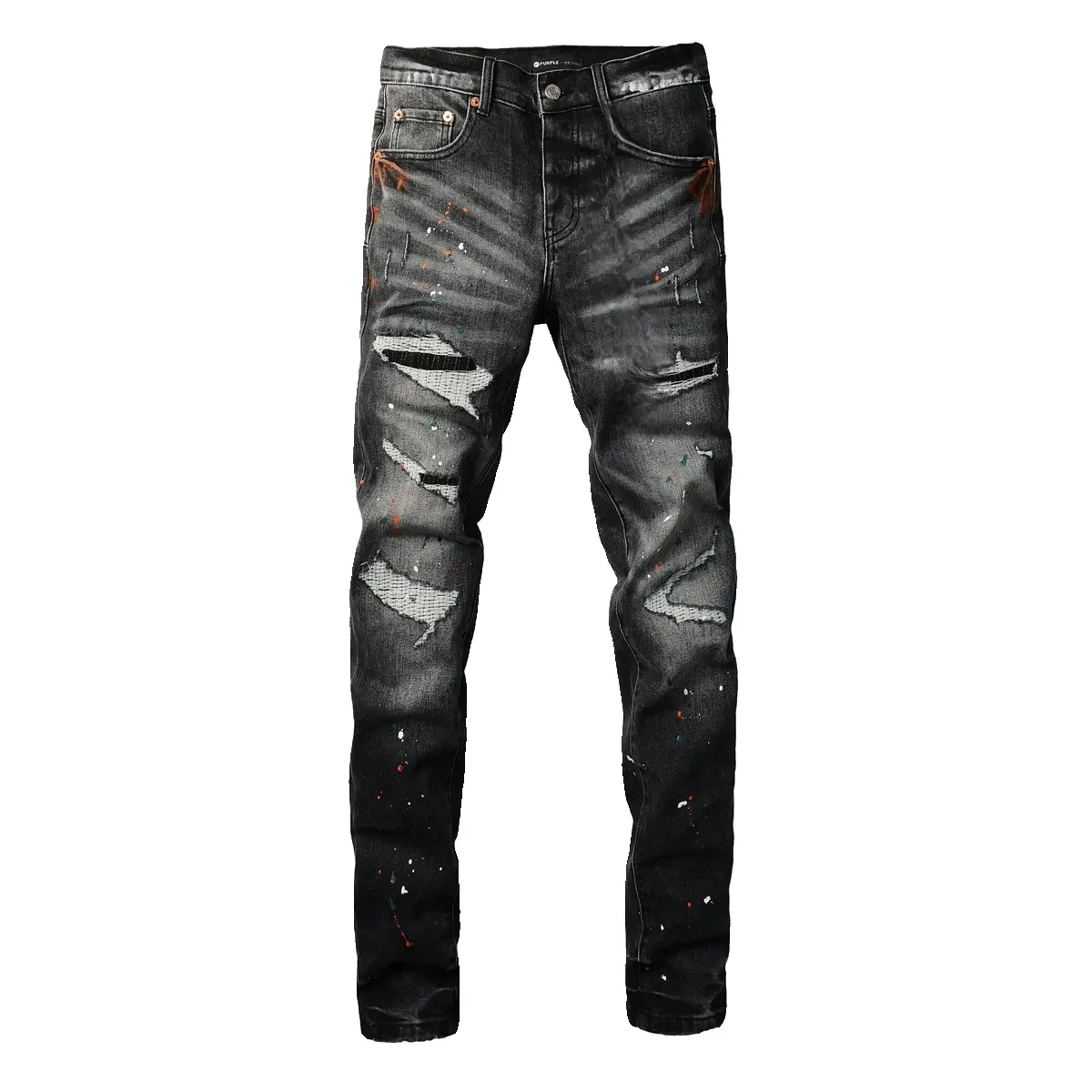 Men's Skinny Fit Heavily Ripped Denim Jeans, Cotton Blend Black Faded Wash Jeans with Multicolor Paint Splatter & Mesh Patch Repair, Casual Hip Hop Streetwear Denim Pants for Men