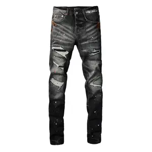 Men's Skinny Fit Heavily Ripped Denim Jeans, Cotton Blend Black Faded Wash Jeans with Multicolor Paint Splatter & Mesh Patch Repair, Casual Hip Hop Streetwear Denim Pants for Men