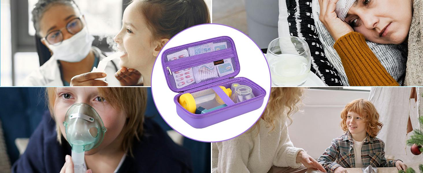Travel Carrying Case for Asthma Inhaler, Handheld Spacer for Adults and Kids, Masks, Hard Inhaler Case with Mesh Pocket fit Medicine and Other Essentials, Purple