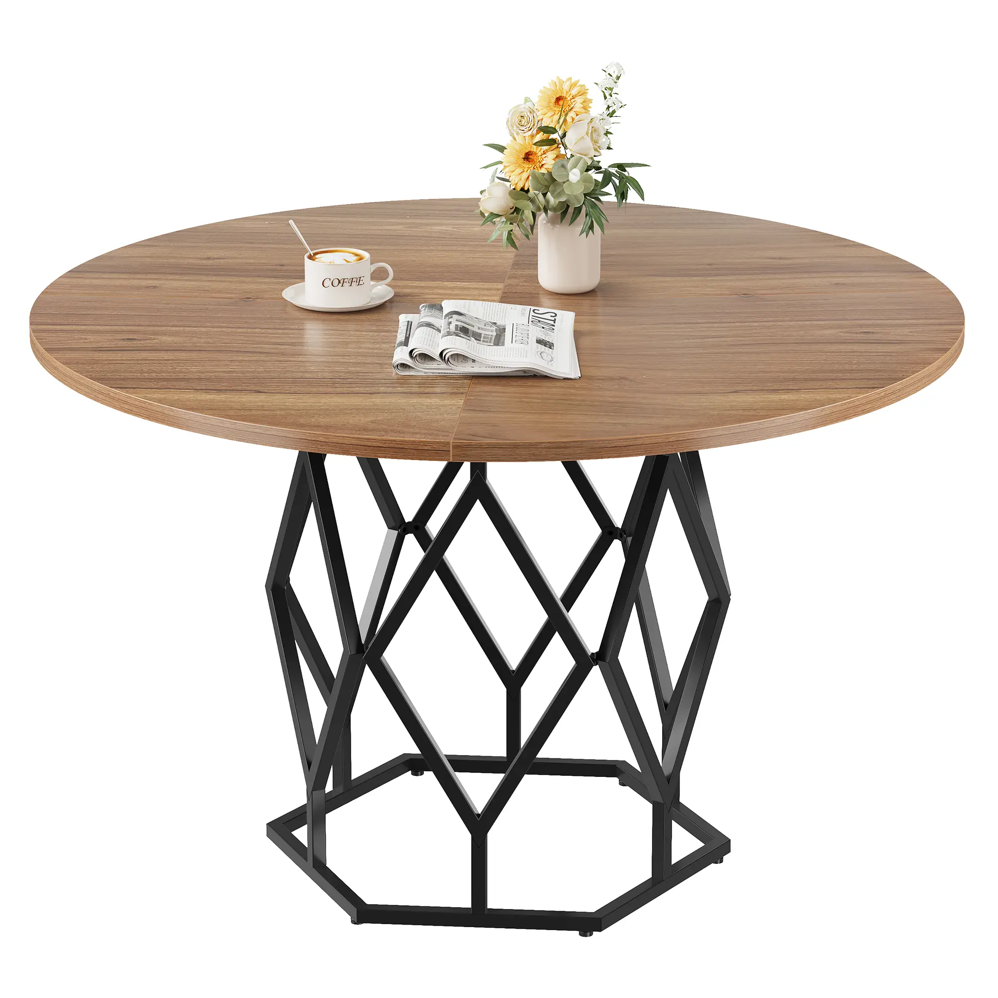 Farmhouse Industrial Round Dining Table for 4-6 – 47 Inch Rustic Restaurant Table – Sturdy Metal Base – Wood Circle Top – Commercial Dining Furniture