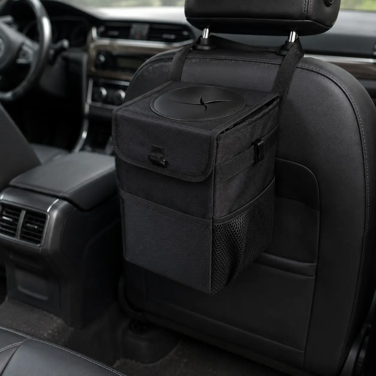 Compact Car Trash Can with Flexible Lid, Hanging Strap and Mesh Pocket, Black Auto Interior Organizer for Seat Back, Console or Footwell