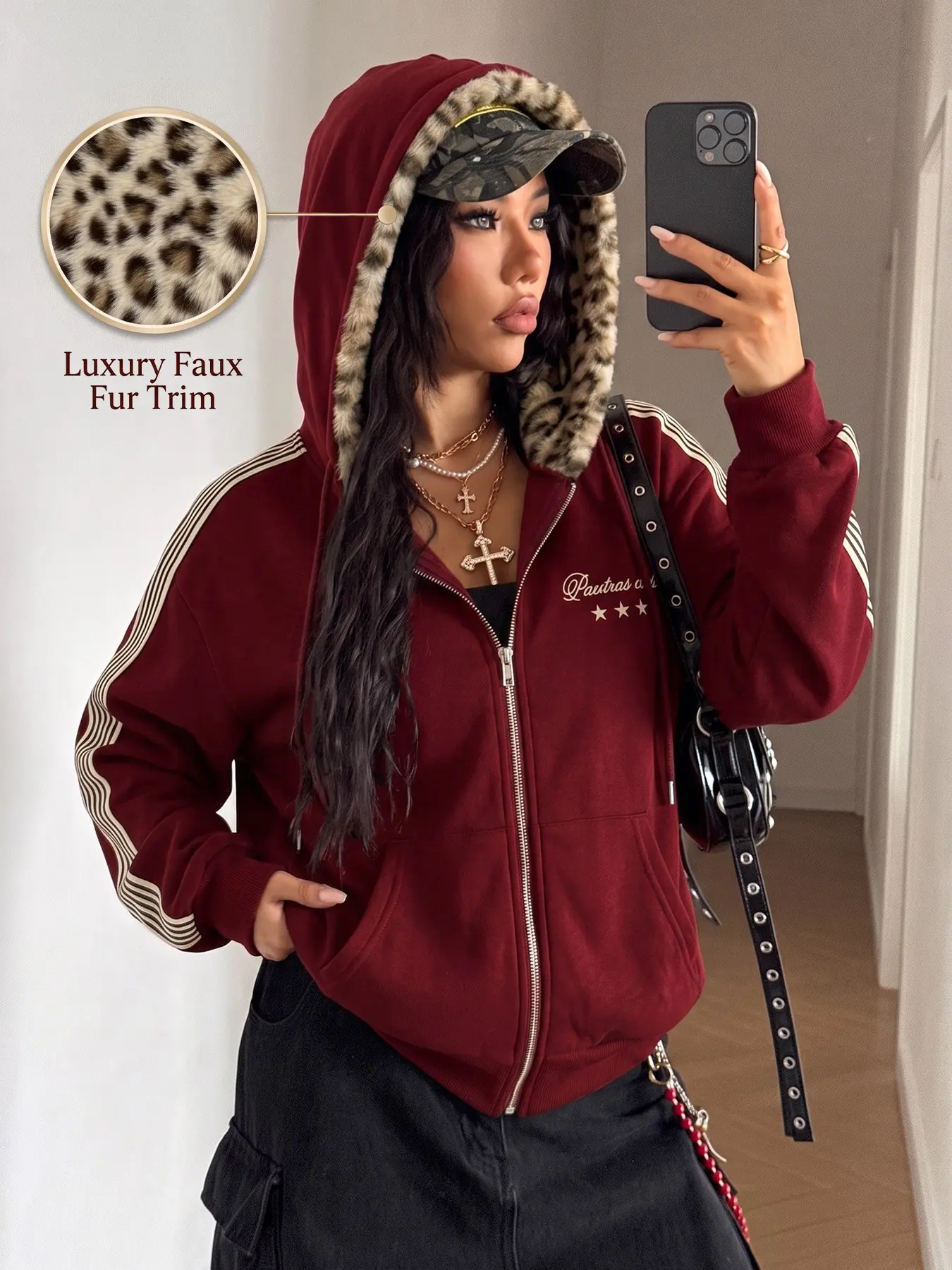 Women Burgundy Zip Up Hoodie Jacket, Casual Leopard Faux Fur Lined Hood Inner White Triple Stripe Long Sleeve Oversized Sweatshirt, Thick Soft Terry Knit Fabric, Retro Y2K Grunge Streetwear Coat For Music Festival & Daily Outfit