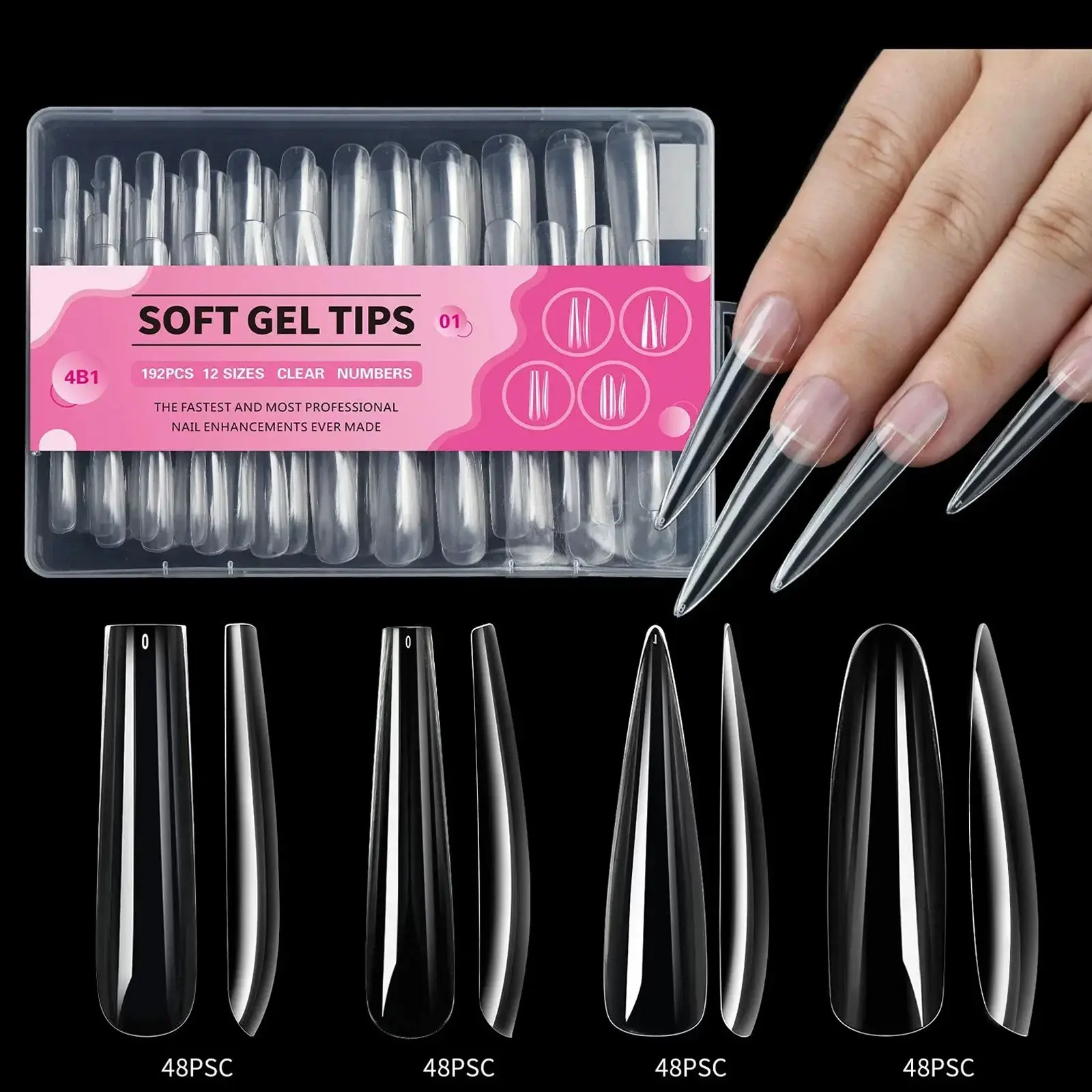 192Pcs Ultra Long Seamless 4‑in‑1 Pipe Shape Nail Tips, Clear Full Cover Ballet Cowboy Press On False Nails, Professional Acrylic Nail Extension Tips for Manicure Salon DIY Nail Art Supplies