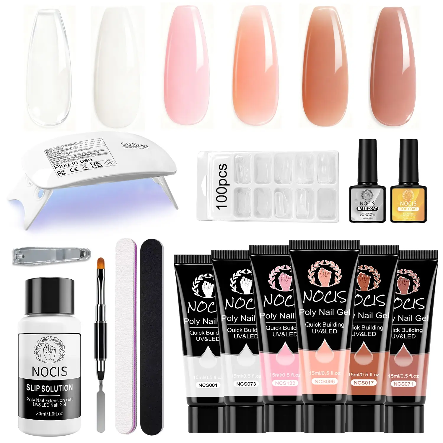 Nocis 6 Color Gel Extension Set, Neutral Nude Shades, 15g Each, Includes Mini UV Lamp, Base Coat, Top Coat, Tools, DIY Manicure Kit, Nail Extension Set