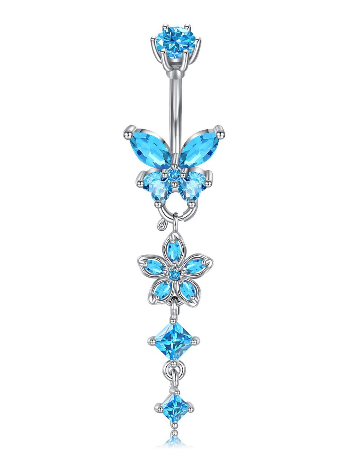 Detachable Flower Dangle Belly Button Ring Cute Butterfly Removable Belly Rings Stainteel Steel Navel Piercing Jewelry For Women, 10mm Silver Pink Purple Blue Belly Button Piercing Body Piercing 14Gauge