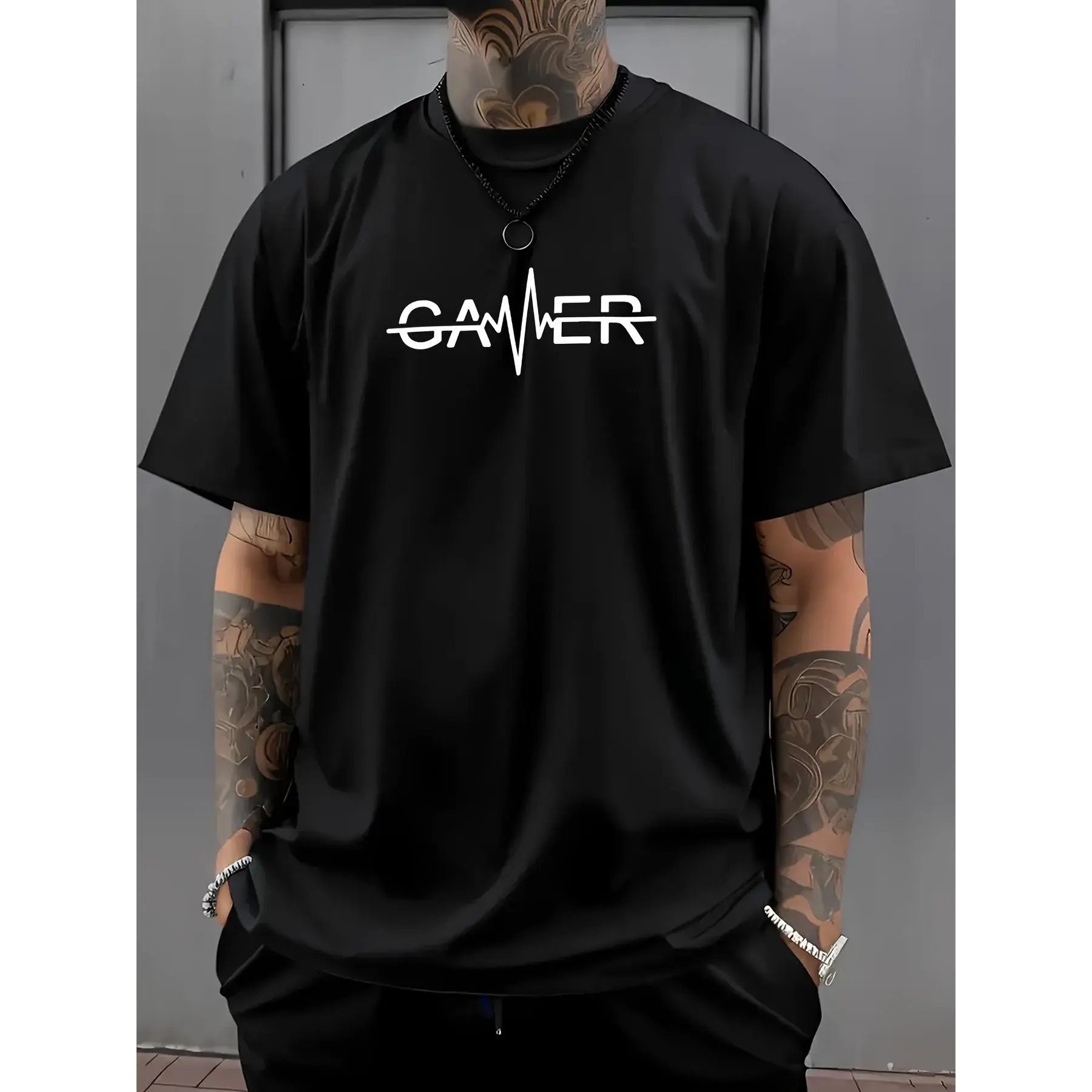 Gamer Graphic T-Shirt, Black Minimalist Gaming Pulse Tee for Men, Casual Streetwear Shirt