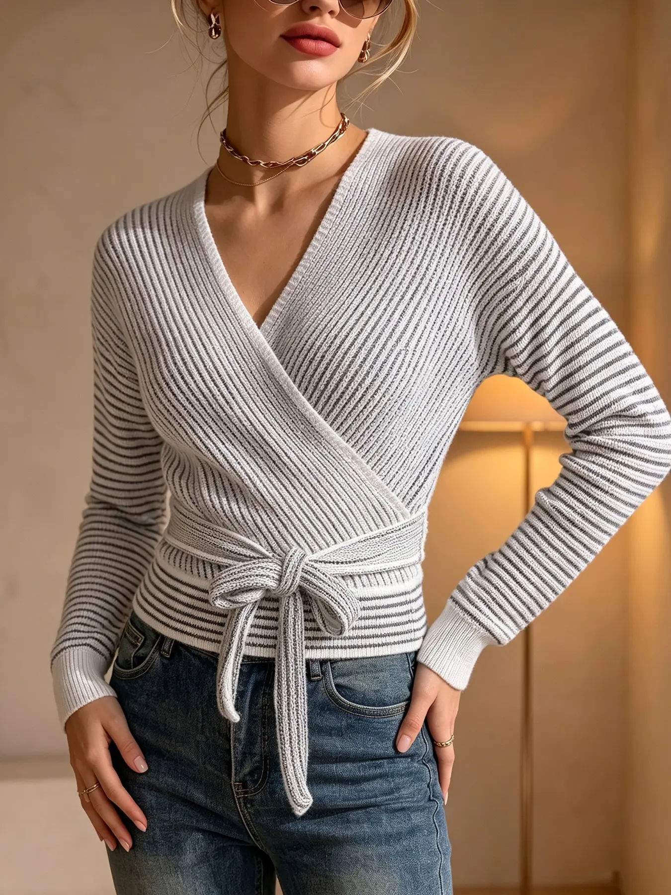 Women's Cross V-Neck Knit Sweater, Tie Waist Long Sleeve Pullover, Casual Loose-Fitting Top, Solid Pattern, Spring & Fall Fashion