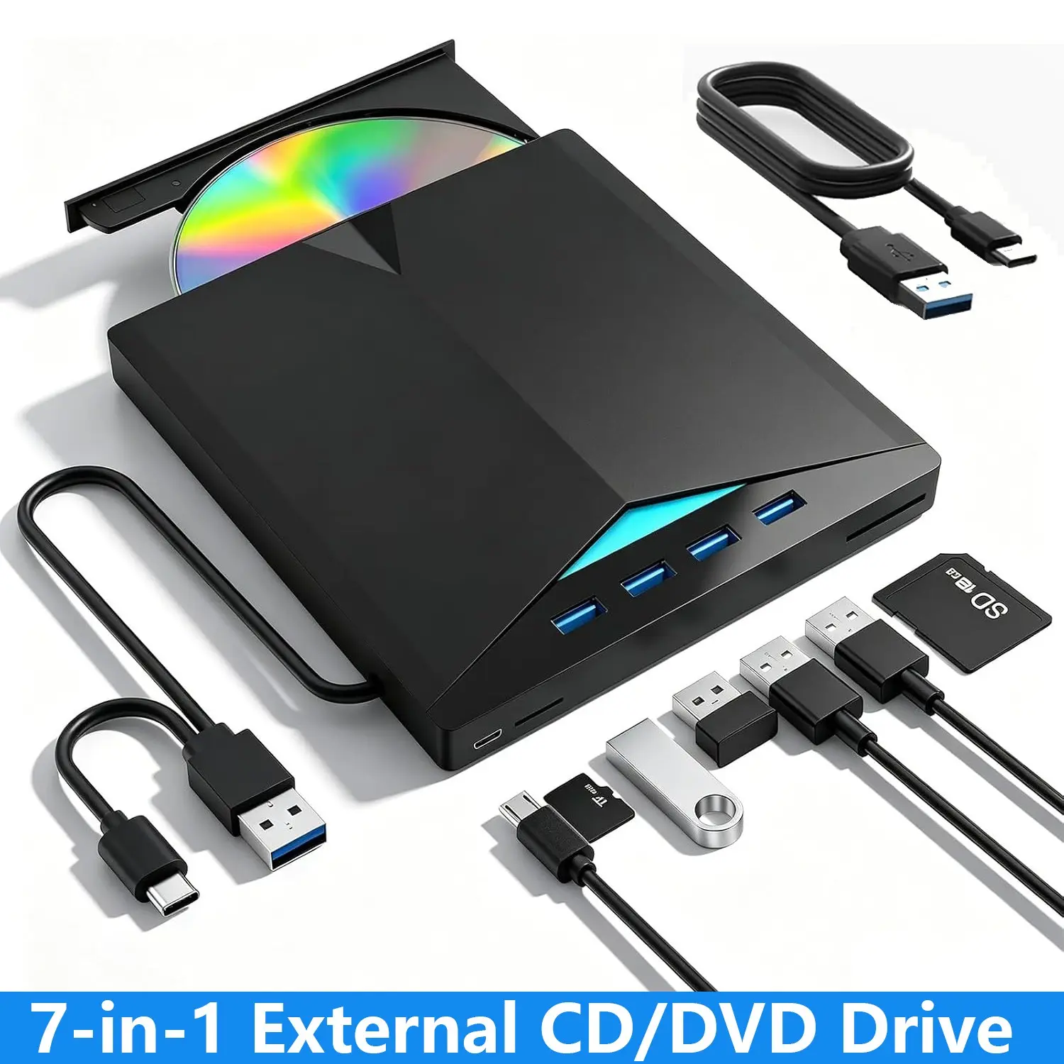 New Design [7-in-1] External CD DVD Drive for Laptops Desktop PC, USB 3.0 & Type-C Portable CD DVD +/-RW Burner Writer Reader with SD/TF Slot & 4 USB Ports, Slim Optical DVD Drive, CD Player for Windows 11/10/8/7/XP Linux macOS