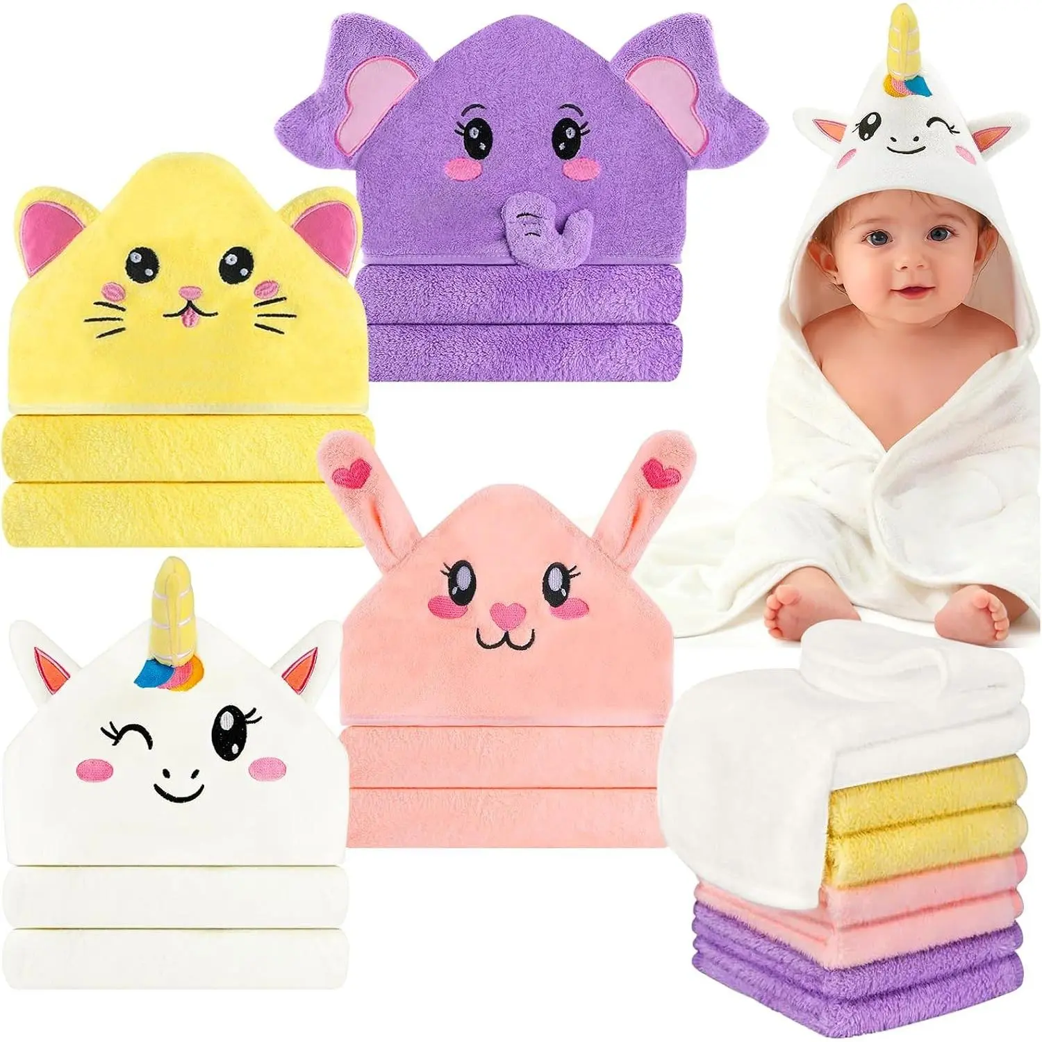 12-Piece Baby Bath Towel Set for Newborns, Infants & Toddlers - 4 Animal Hooded Towels & 8 Washcloths, Soft & Ultra Absorbent, Cute Gift for Boys & Girls(Gift)