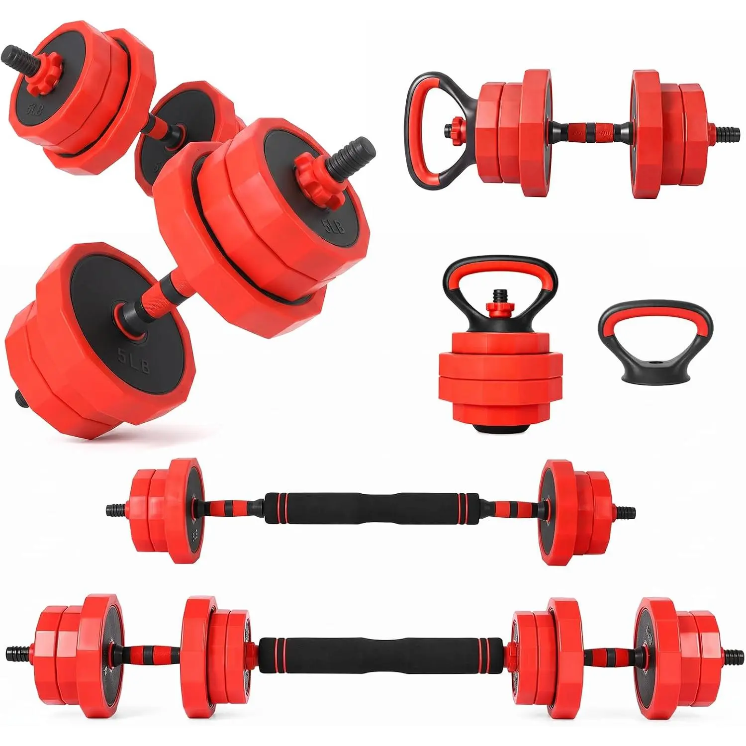 4 in 1 Adjustable Dumbbell Set with Barbell & Kettlebell, Non-Slip Weights Set for Home Gym Workouts, Floor-Protecting Free Weights Strength Training Equipment for Men & Women, Compact & Odor-Free
