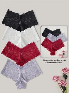 women's 4pcs solid floral lace bow decor scallop trim panties, casual soft comfy breathable drop waist feminine knicker for daily wear, ladies underwear for all seasons, lightweight everyday underwear for women, womenswear