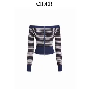 Cider Cotton-blend Off-shoulder Stripe Zip Through Sweatshirt SummerFinds