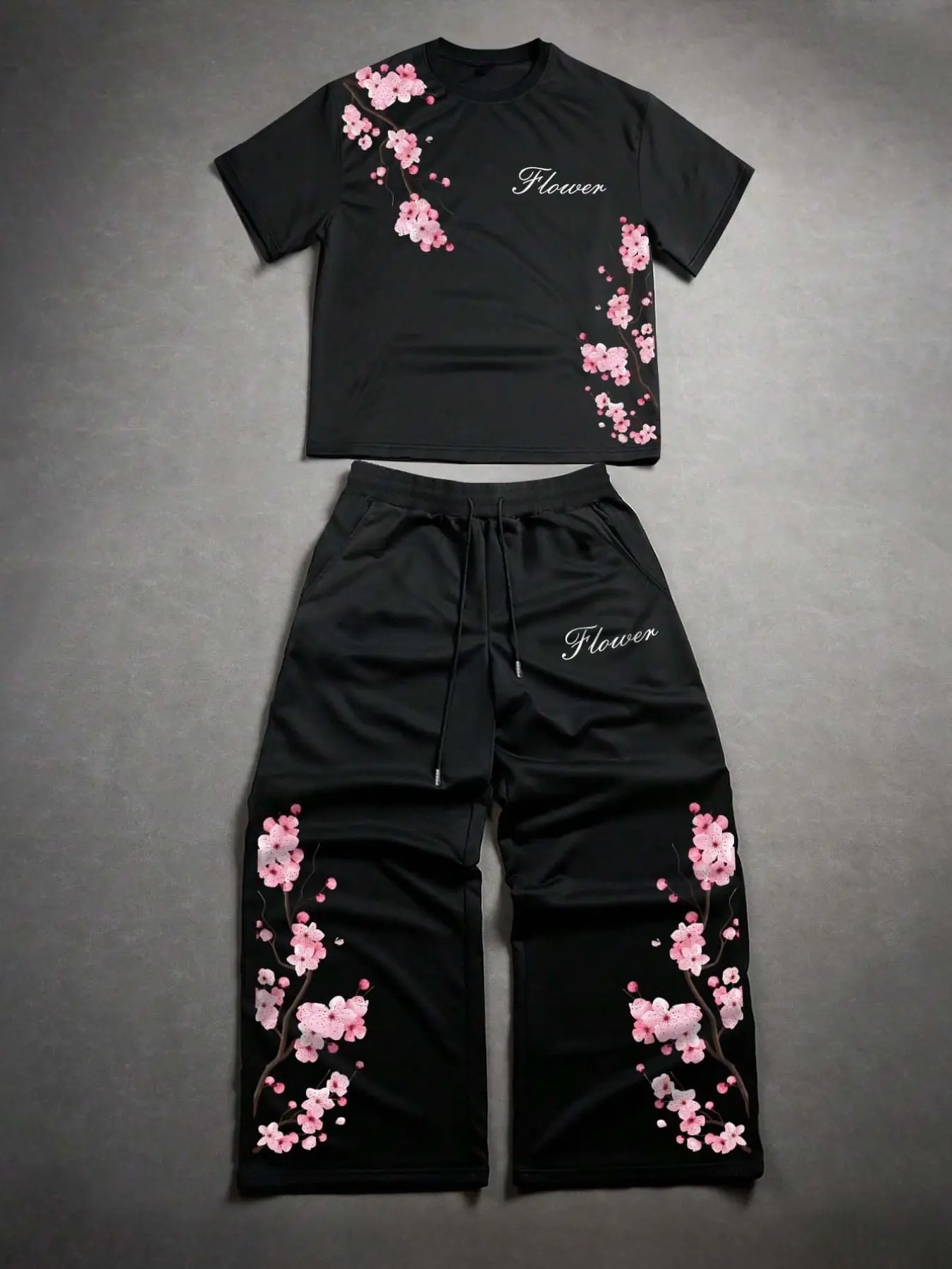 Men's 2 Piece Set, Cherry Blossom Floral Print, Crew Neck Short Sleeve Shirt & Wide Leg Pants, Loose Fit, Casual Streetwear, Menswear