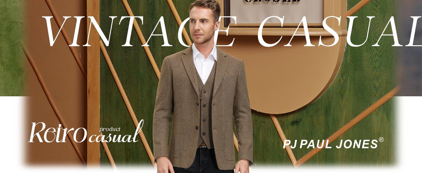 Men's Herringbone Tweed Blazer British Wool Blend Sport Coat Jacket