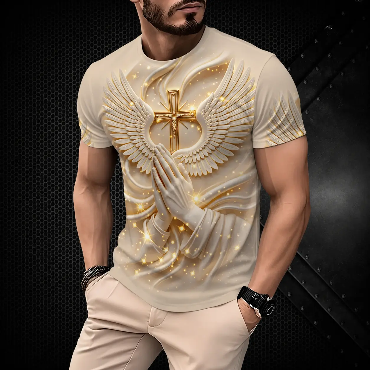 Men's Christian Graphic T-Shirt, Angel Wings Cross Praying Hands Print Tee, Beige Gold Short Sleeve Faith Shirt, Casual Religious Inspirational Top for Men, Summer Streetwear, Church Outfit, Prayer Worship Gift, Lightweight Crew Neck Men's Tee Shirt