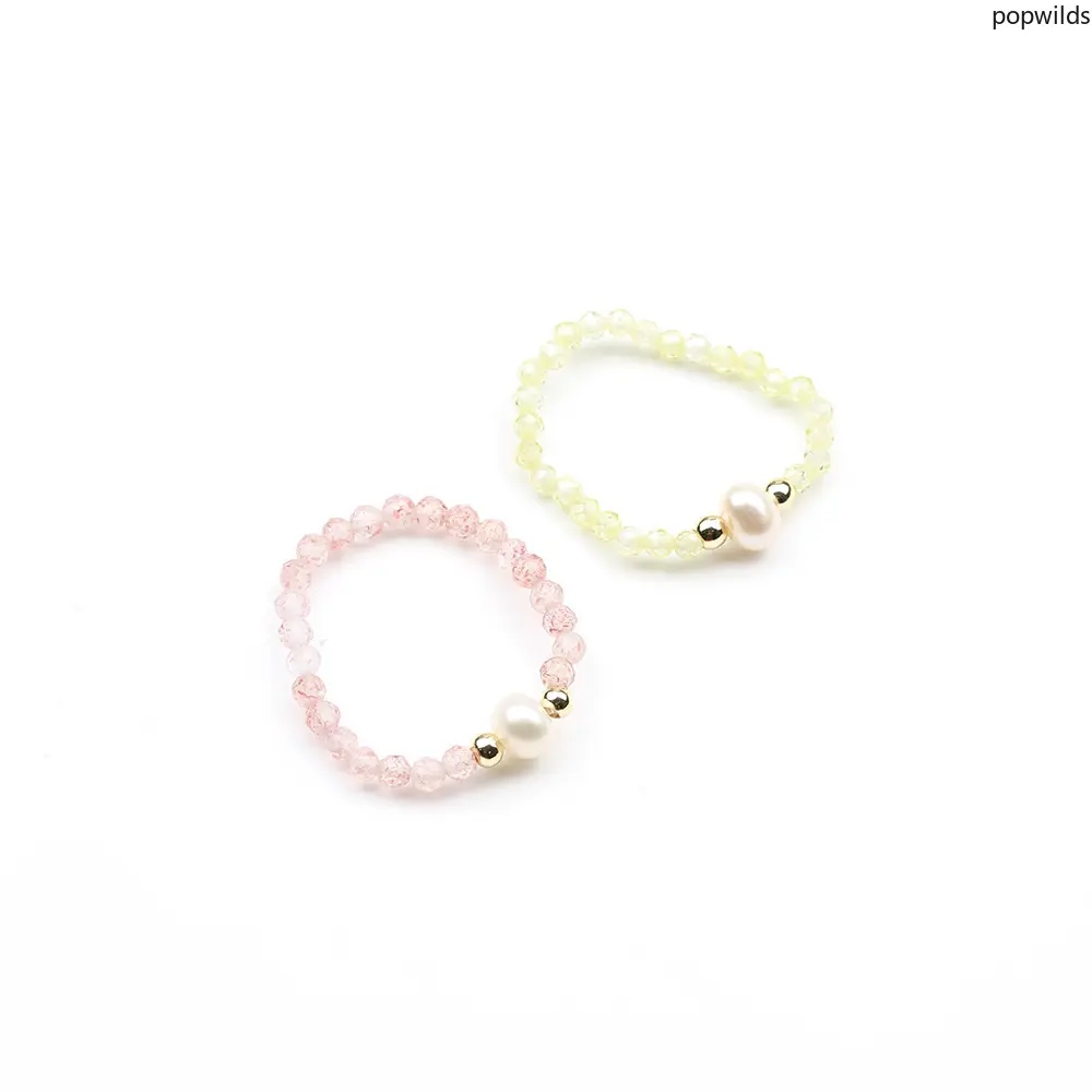 Women's Minimal Pink-Green Crystal Beaded Stretch Ring, Natural Freshwater Beaded Pearls Finger Ring, Fashion Hand Jewelry for Women