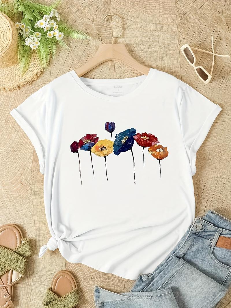 G7339 2026 New Arrival Oil Painting Floral Print T-Shirt for Women Casual Wear plus  size  top