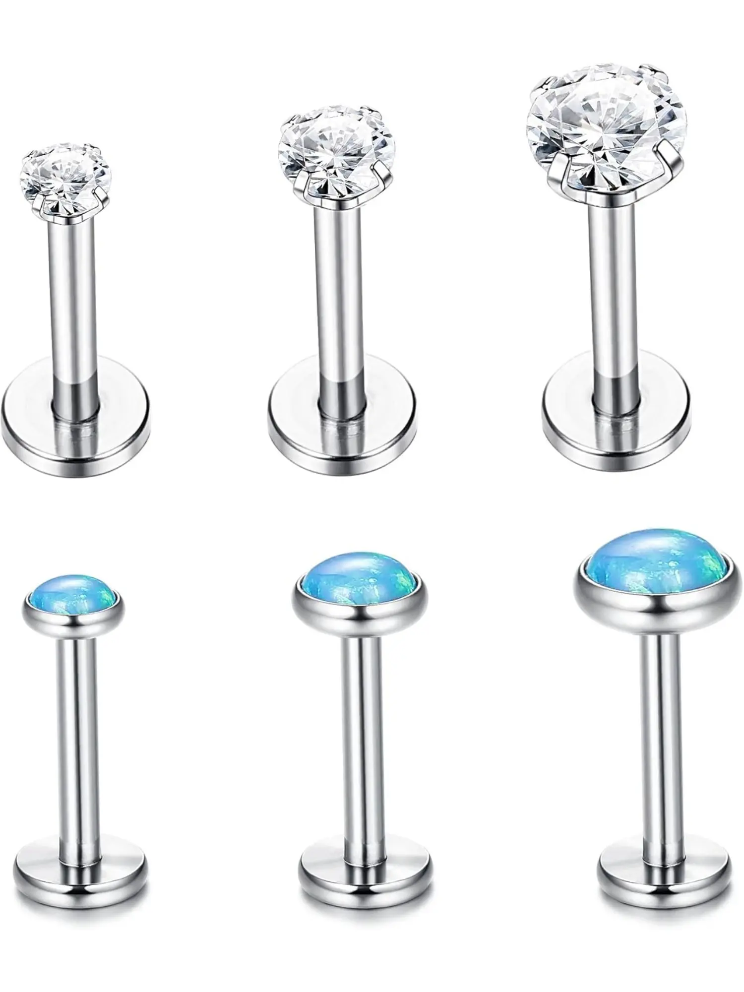 6 Pcs 16G Stainless Steel Created-Opal CZ Labret Lip Rings for Men Women Cartilage Tragus Earrings Helix Piercing Stud Earrings Monroe Piercing Jewelry