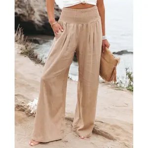 Women High Waist Linen Cotton Boho Palazzo Wide Leg Pants, Drawstring Elastic Waist Lightweight Wrinkle Resistant Trousers, Breathable Summer Bottoms for Beach Vacation Airport Travel Daily Lounge Wear