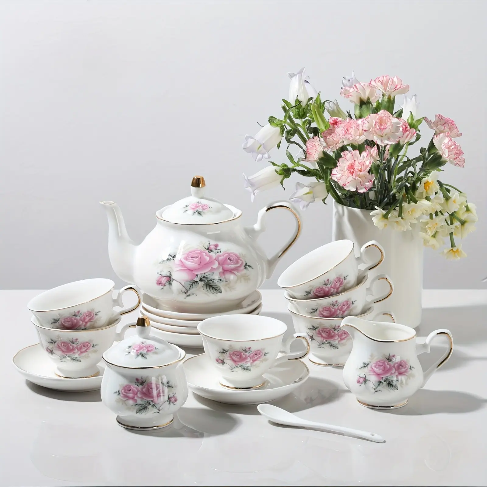 Porcelain Tea Sets, Vintage British Floral Relief Golden Rimmed Teapot Cup And Saucer Set, Tea Set Service for 6, with Teapot, Sugar Bowl, Milk Jug, Spoons, Tea Cup And Saucer