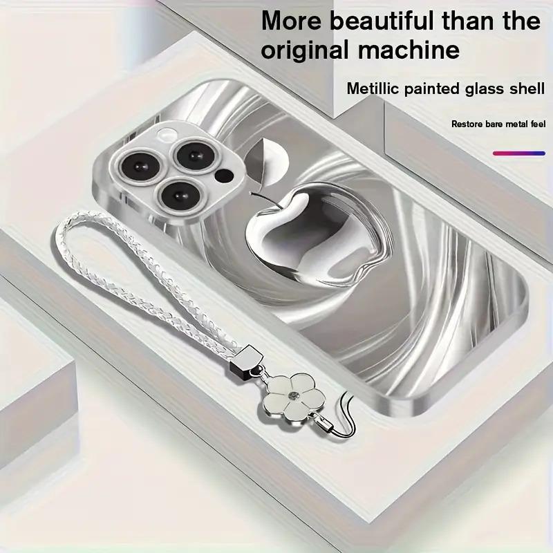 New Swirl Apple Series Metallic Paint Glass Phone Case with Lanyard for iPhone 17, 16, 15, 14, 13, 12, 11, and other series models; makes a perfect gift for friends or family.
