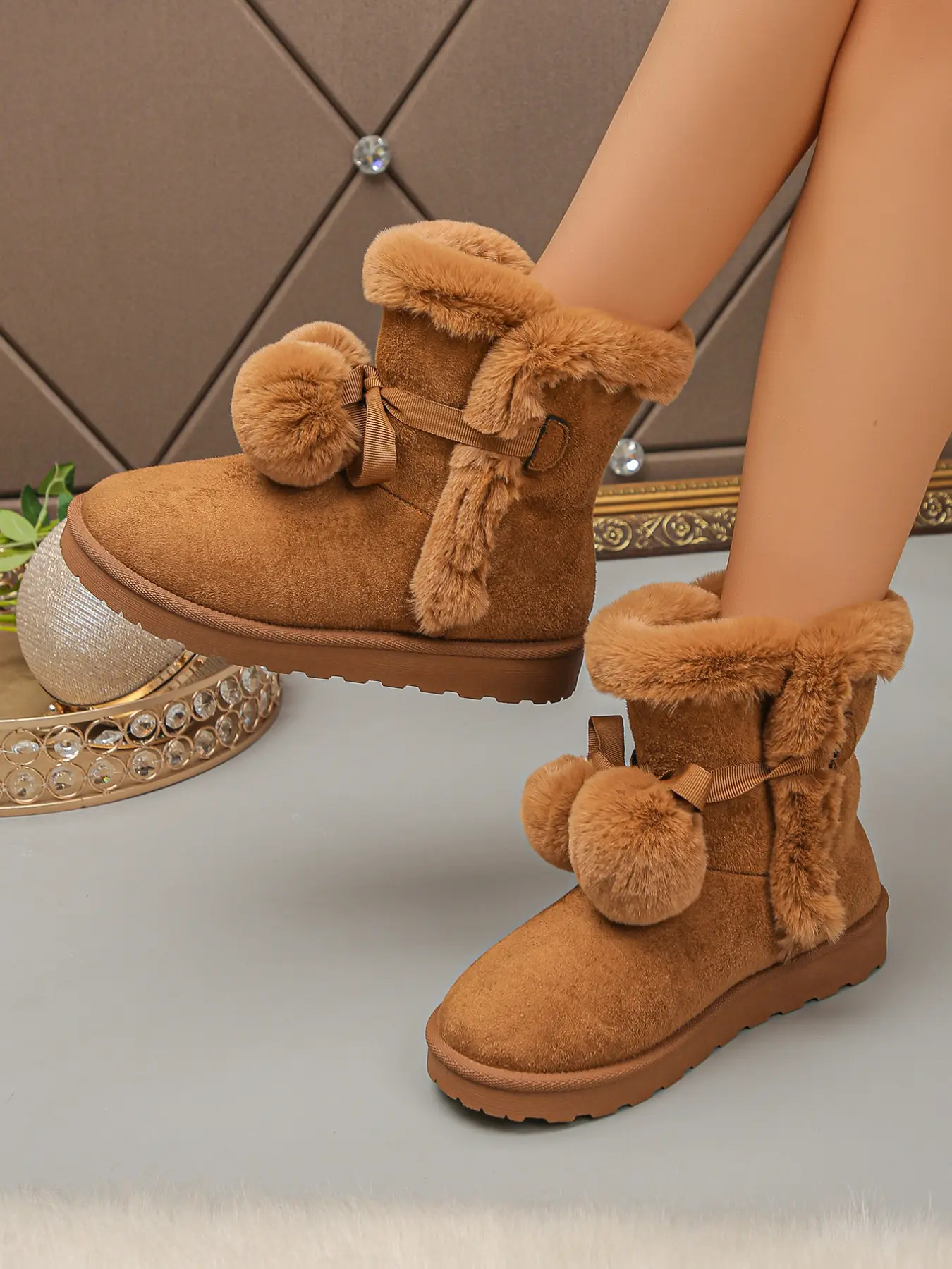 Women Short Winter Snow Boots, Furry Cuff With Pom‑pom and Bow Decor, Thick Platform Outsole, Multiple Soft Color Options, Fashion Cozy Ankle Booties For Holiday Gathering, City Stroll And Cold‑season Daily Wear