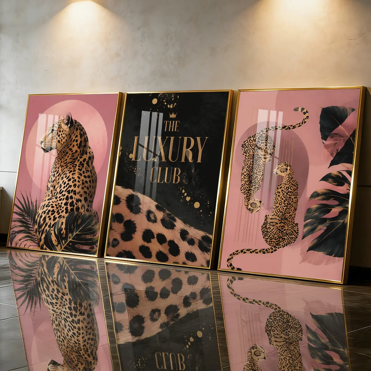 3 Counts Modern Aluminum Alloy Frame Canvas， Leopard Print Luxury Art， Fashion Poster， Perfect Living Room Decoration， Modern Family Art， Light Luxury Bedroom， Corridor， Office Decoration， Waterproof， Modern Wall Art