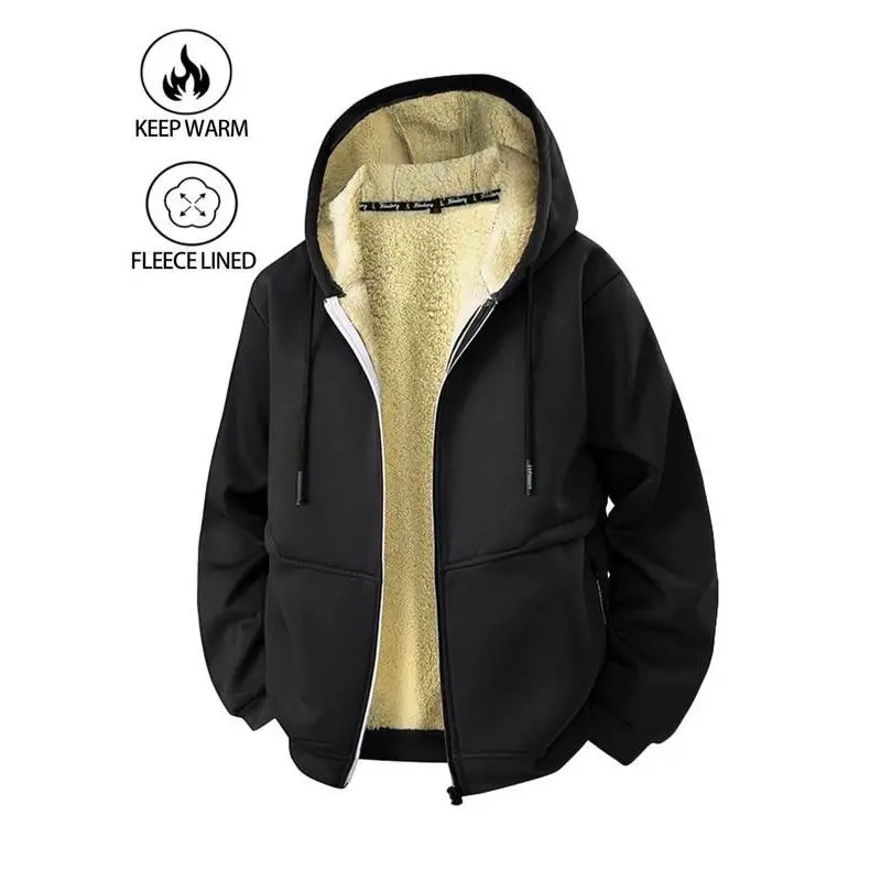 Men's Thickened Lamb Wool Hoodie Jacket, Casual Fitted Fleece Sweatshirt for Fall & Winter