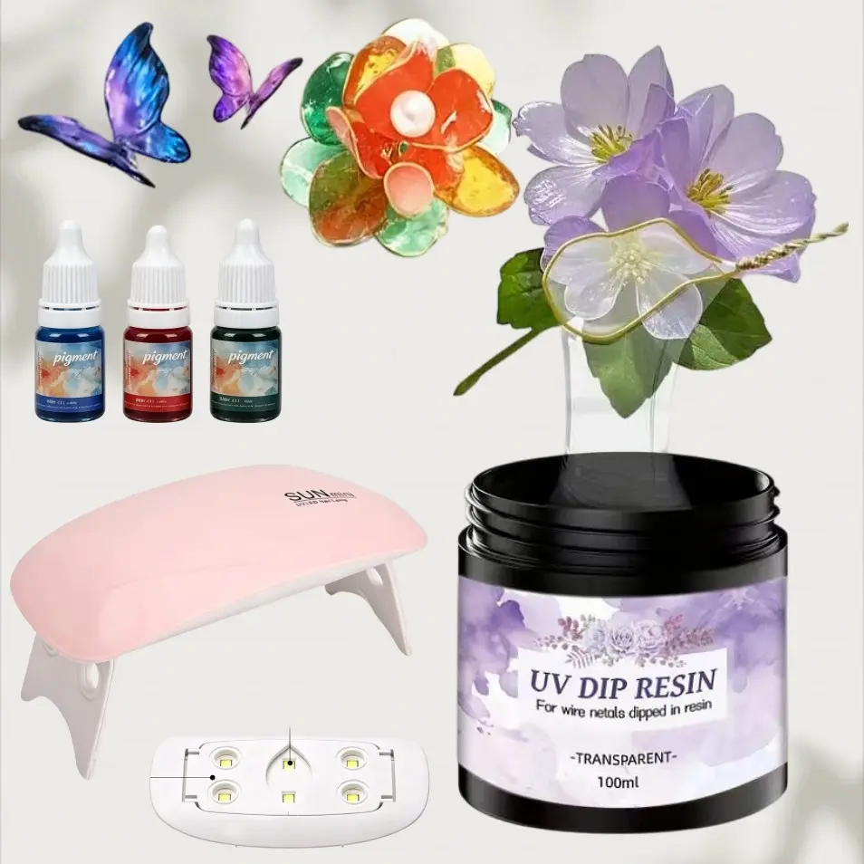 UV Resin Kit for Wire Flower Decoration, Includes 100g High Transparency Fast-Drying Thick UV Resin, UV Lamp, Color Gel, DIY Craft Supplies