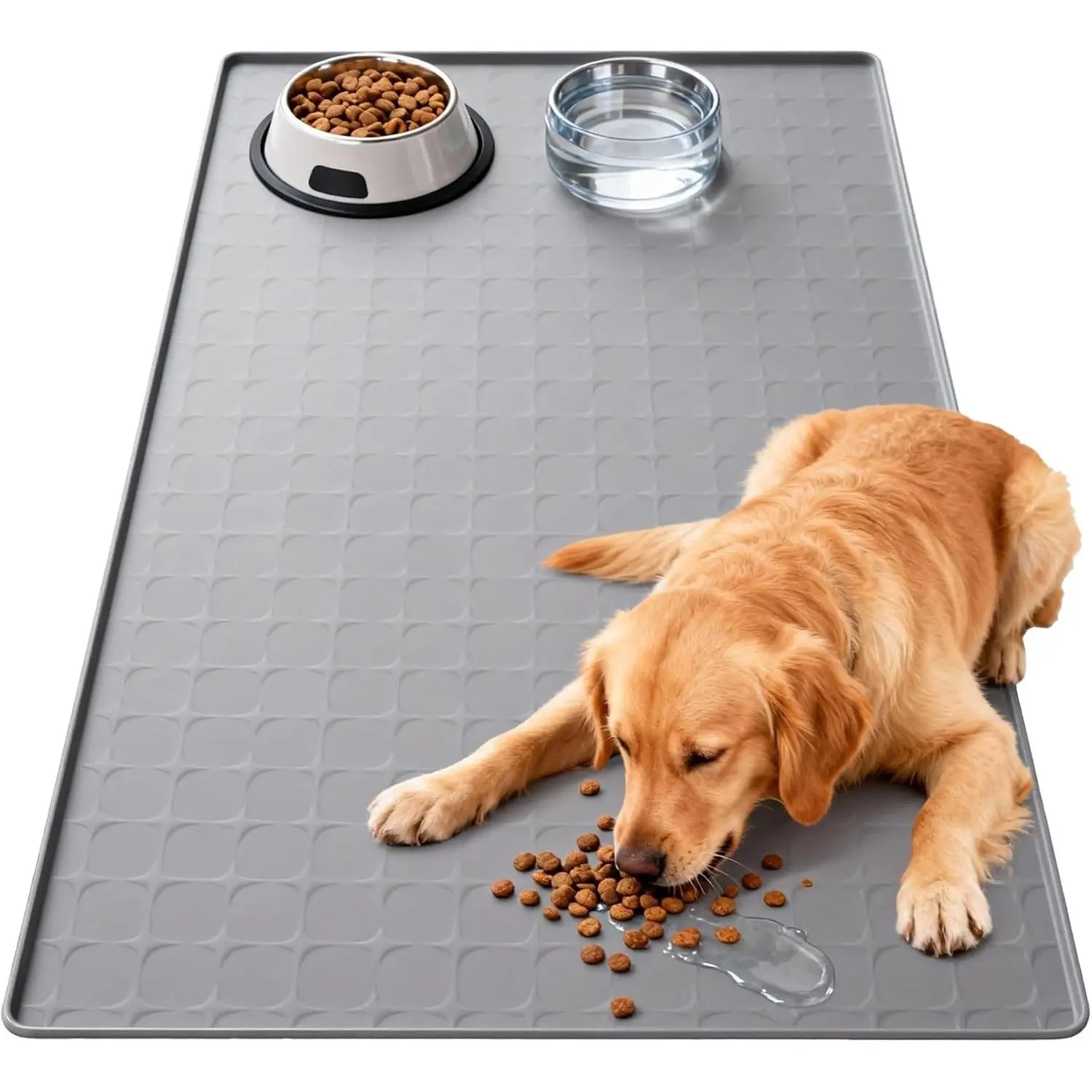 Waterproof Practical Large Breed Pet Feeding Mat - 34x22 in Machine Washable Silicone, Non-Slip Mess-Proof Floor Protector with Raised Edge for Dogs & Cats, Grey for Multi-Pet Homes