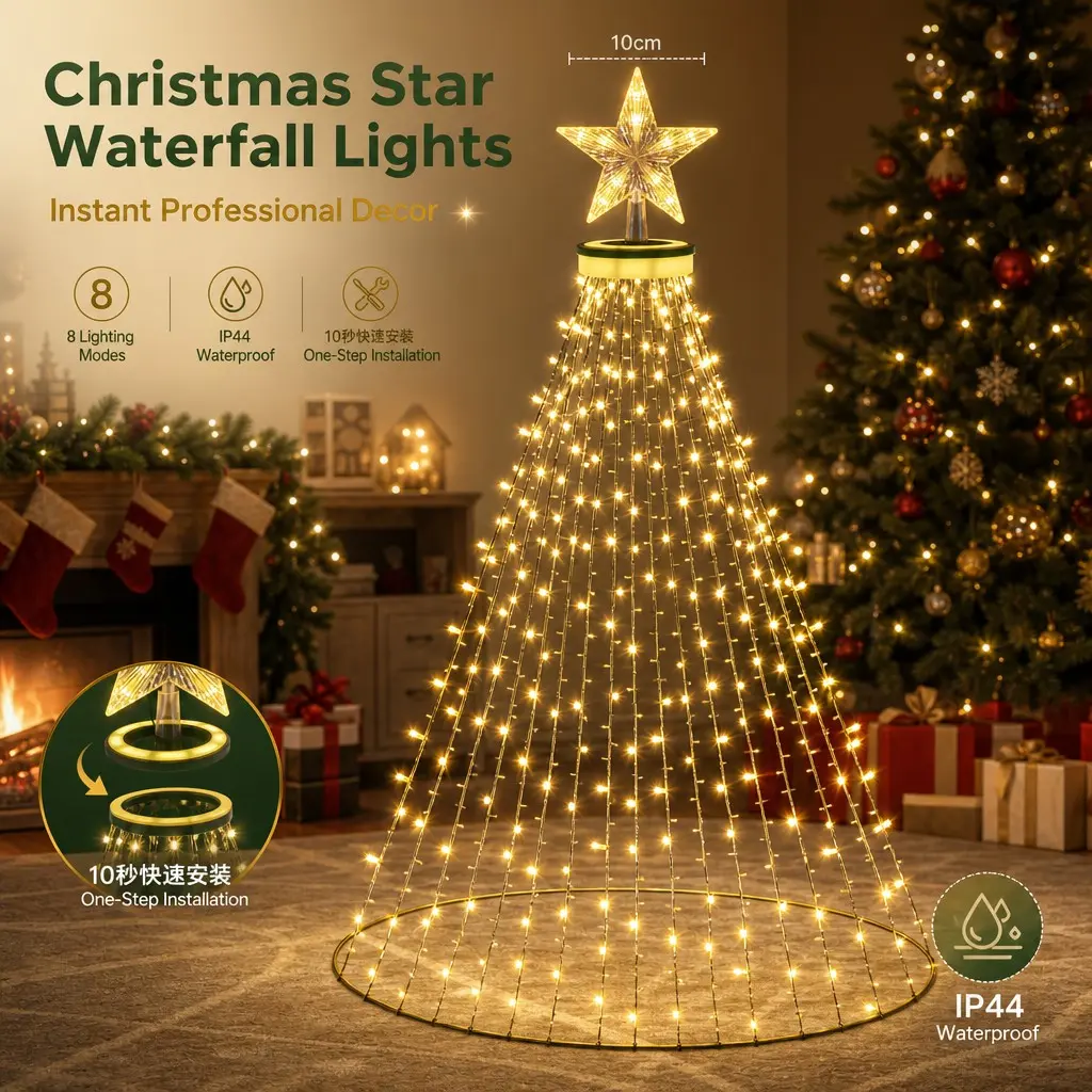 Ring Top No-Tangle Christmas Tree Waterfall String Lights, Easy Install Cascading LED Curtain Lights, Waterproof Outdoor Xmas Decor Lights for Garden, Yard, Patio & Indoor Living Room Tree Ornament