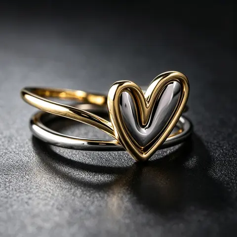 Women's 2-Tone Twisted Band Love Heart Open Adjustable Ring - Elegant Fashion Accessory, Cute Dainty Piece for Engagement, Anniversary, Holiday Occasions, Ideal Present