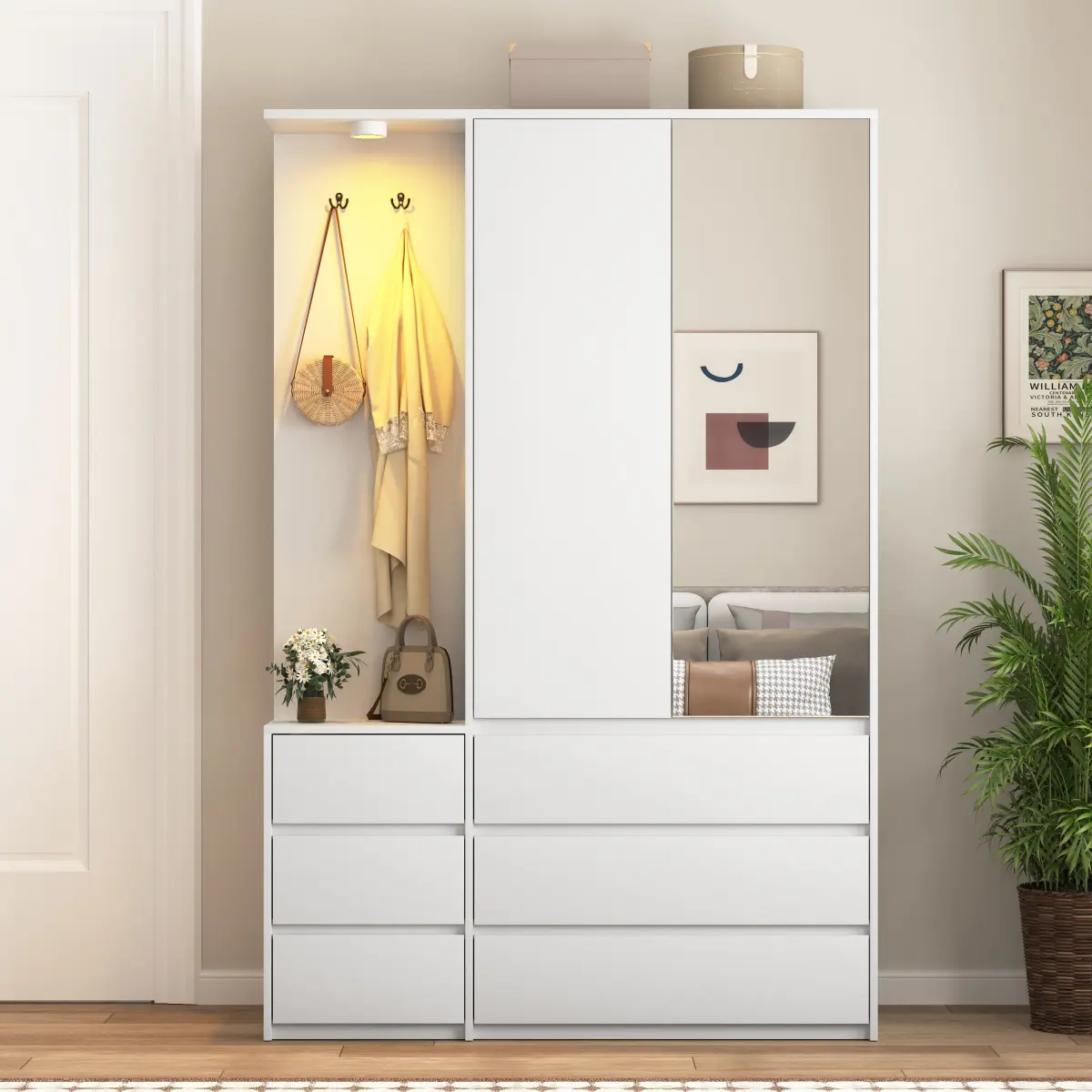 71.7" H White Wardrobe with 2 Doors & 6 Drawers – Modern Wooden Storage Cabinet with Adjustable Shelves and Hanging Rod, Space-Saving Clothing Organizer for Bedroom, Guest Room, or Closet