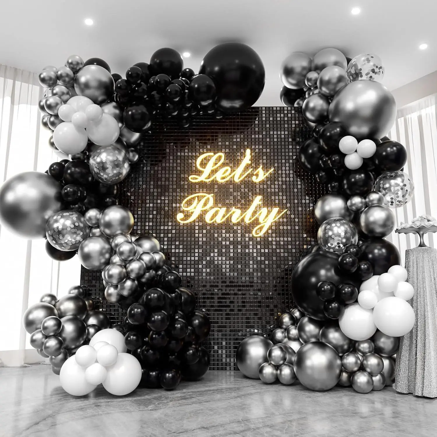 119pcs Multi-Size Black, White, Metallic and Confetti Mix Latex Balloons Garland Kit for Graduation, Birthday Party Decorations