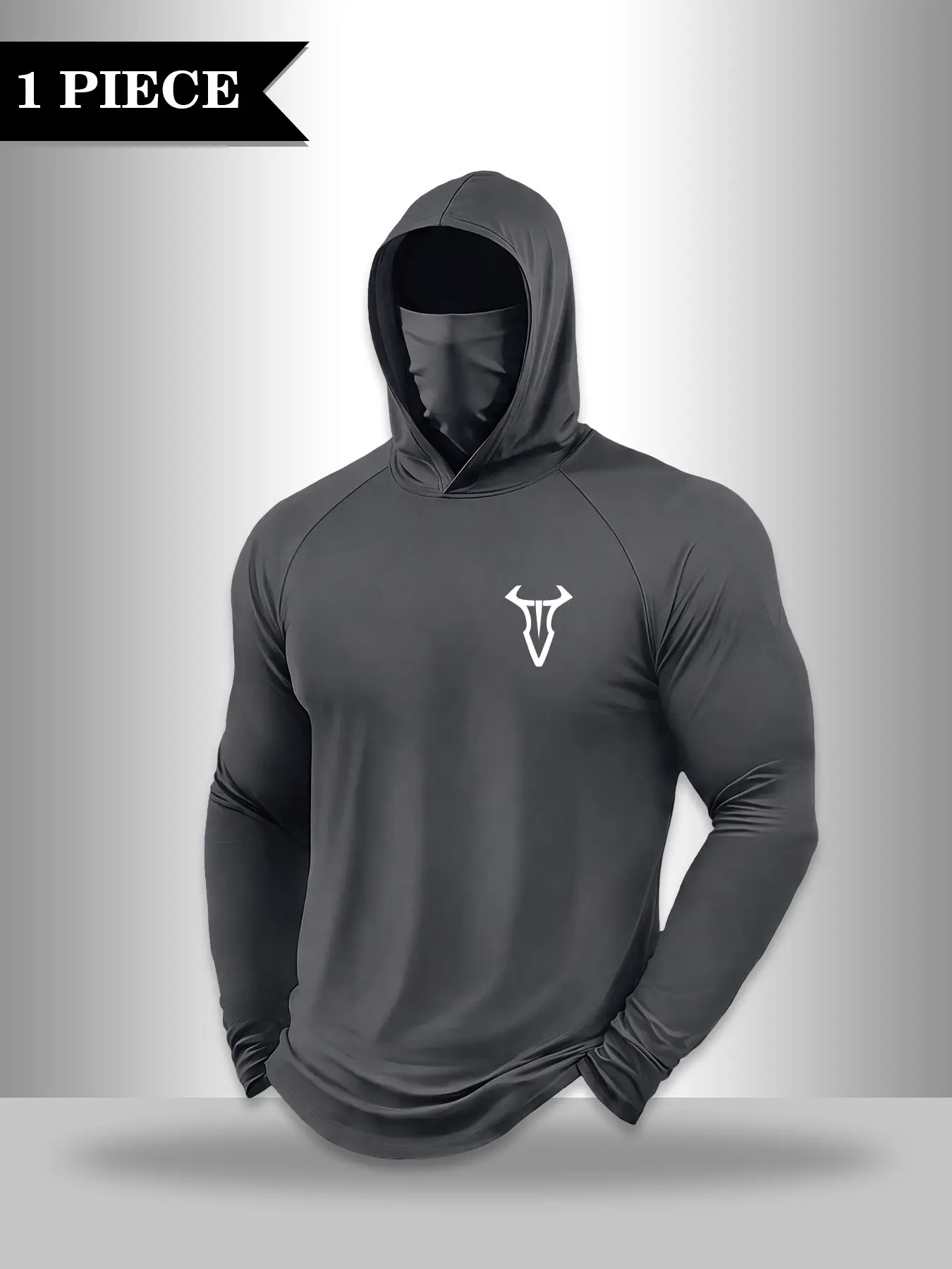 Dark Street Masked Hoodie, Devil Horn Print, Long Sleeve Top, Casual Loose-Fit Fall Fashion, Plain Surface Design