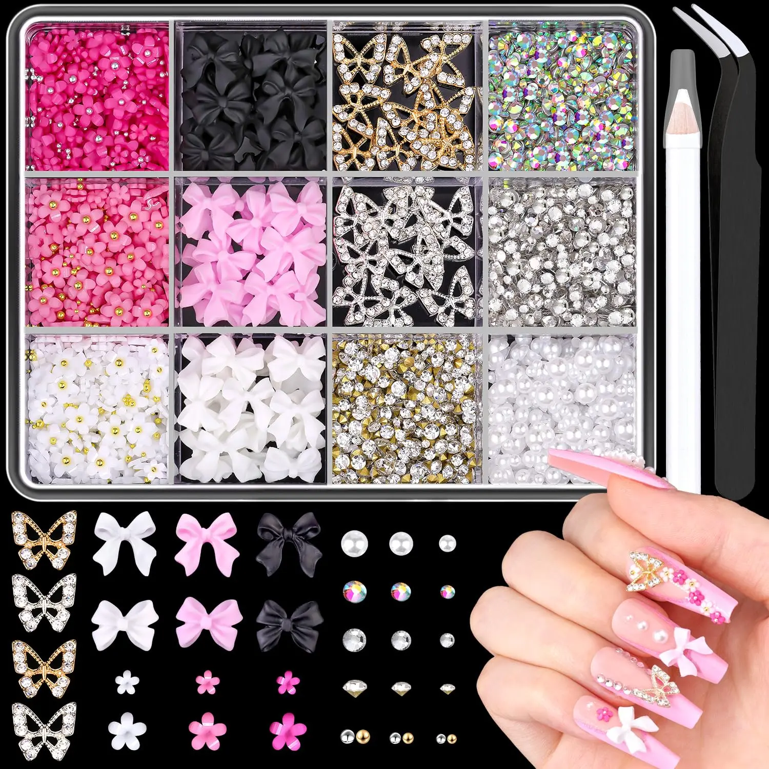 3D Nail Charms and Gems Set, 20PCS Chunky Butterfly Charms + 60PCS Coquette Nail Bows in 2 Styles + 3D Flowers for Nails with Rhinestones, Pearls, Diamonds, and Picker Tools for Y2K Nail Decor