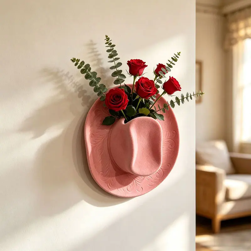 Western cowboy hat wall-mounted flower pot - American country farmhouse home decoration flower vessel - Suitable for cactus and rose planting - Wall-mounted pot for living room and bedroom soft decoration - Halloween and Christmas festival decoration pend