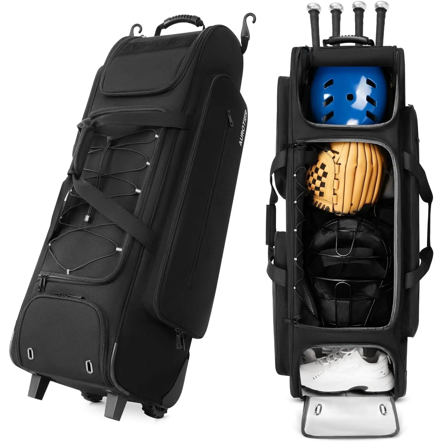 AUROTIER Large Rolling Baseball Catchers Gear Bag with Wheels, Wheeled Softball Bag for 4 Bats with Fence Hooks Waterproof Pocket Shoe Compartment for T-Ball Adult, Baseball Equipment Duffle Bag