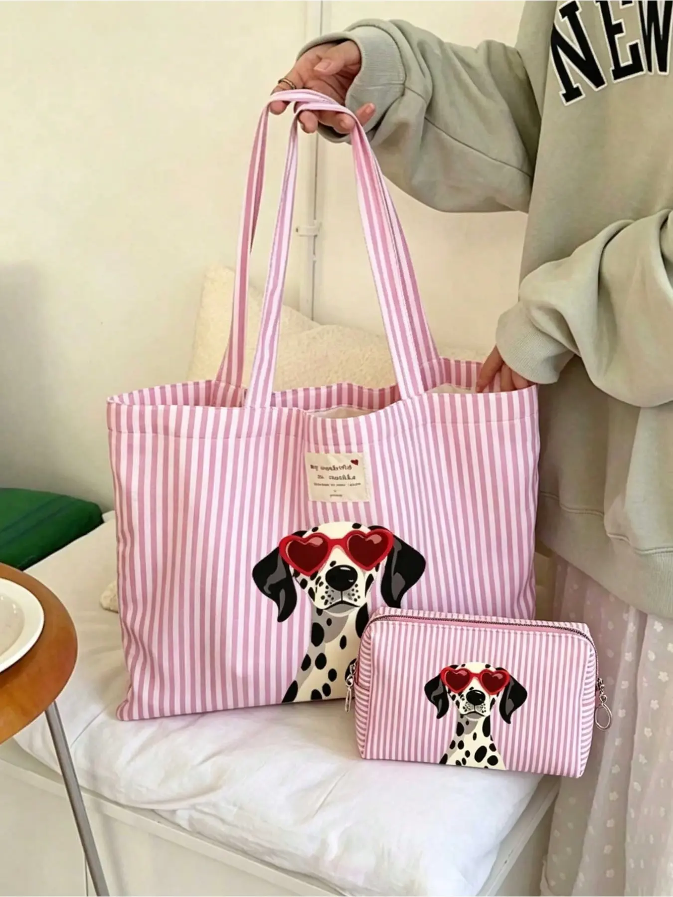 Cute Dog Print Shoulder Bag Set, Striped Spot Pattern, Reusable Canvas Backpack & Makeup Pouch, Lightweight Fashion Handbag for Daily Use