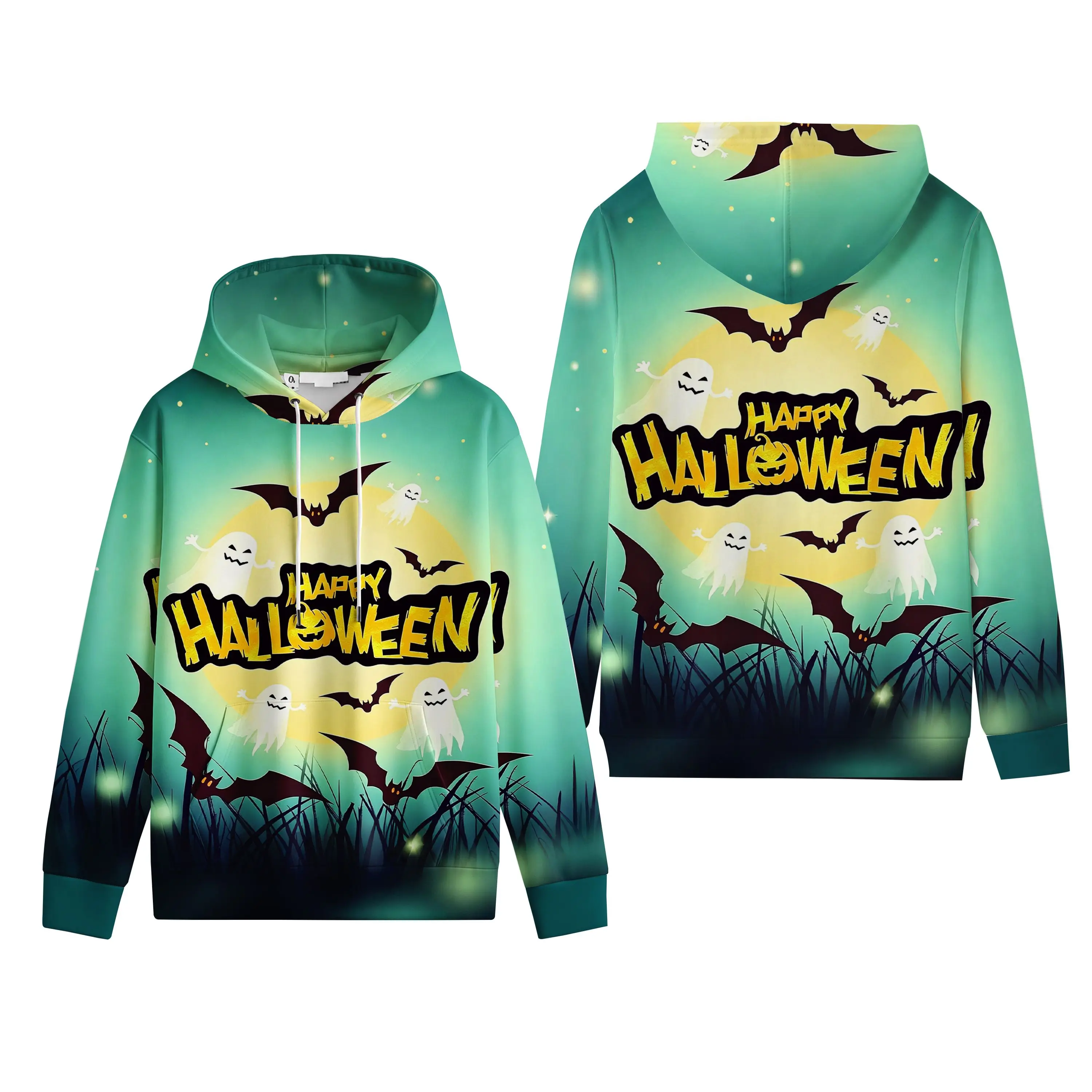 Unisex Halloween Hoodie for Men Women, Mint Green Pullover Sweatshirt with Ghost Bat Moon Happy Halloween Graphic, Drawstring Hooded Top with Kangaroo Pocket, Spooky Season Party Outfit, Fall Festival Costume Casual Streetwear Gift