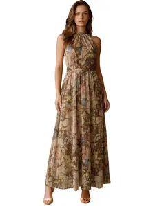 Elegant Floral Summer Dress for Women, Sleeveless Neckline Wedding Party Beach, Perfect for Weddings Parties Vacations